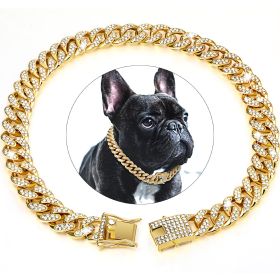 Dog Chain Crystal Artificial Diamondoid Dog Collar Walking Metal Chain Collar With Secure Buckle (Color: golden)